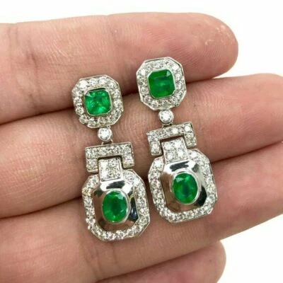 Pendientes Art Deco Esmeralda Ovalada y Cojín Verde 3.90CT Creados en Laboratorio en Plata 925 Foto 1 de 4