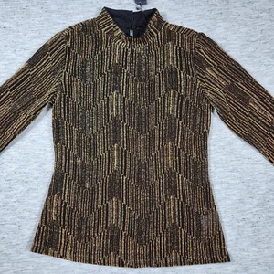 3/4 Sleeve Shiny Striped Metallic Blouse Sheer Top Mock Neck Womens Size Small - Picture 1 of 9