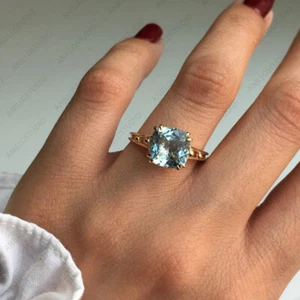 9mm Cushion Cut Natural Aquamarine Thick Engagement Band Ring in 18k Yellow Gold - Picture 1 of 4
