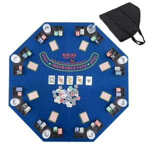 48 Inch 8-Player Foldable Poker Table Top with Carrying Bag and Cup Holders-Blue - Picture 1 of 4