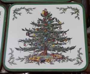 5 SPODE CHRISTMAS TREE HOLLY ORNAMENTS  COASTERS Cork Back 4"x 4" England W/box - Picture 1 of 5