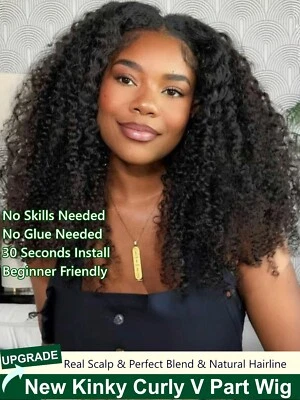 Bonita peluca india rizada rizada parte en V cabello humano con cordón sin pegamento Wear Go Foto 1 de 4