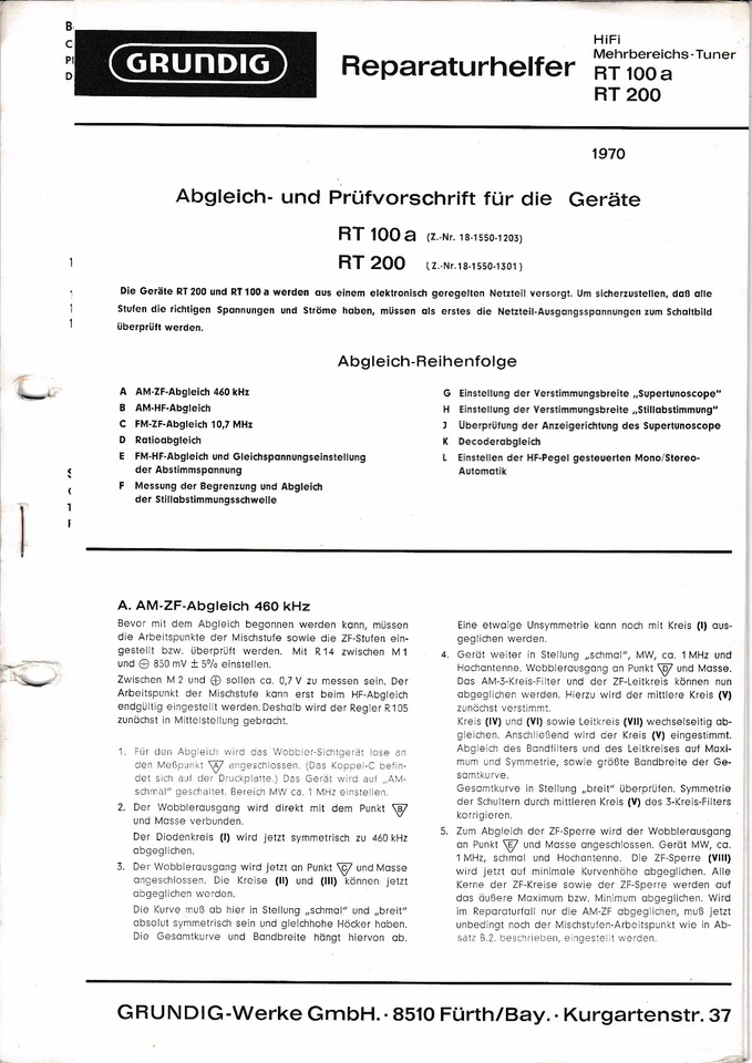 Manual de servicio instrucciones para Grundig Rt 100 A, Rt Foto 1 de 1