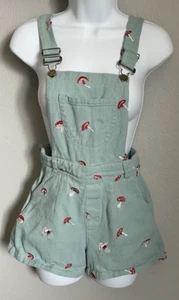 Cider Woman’s Denim Mushroom Buckle Overall Romper Shorts Size XS Sage Green - Picture 1 of 10