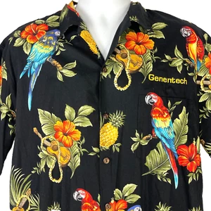 Genentech Retreat Parrots Ukes Pineapples Floral Hawaiian Shirt size Large Mens - Picture 1 of 5