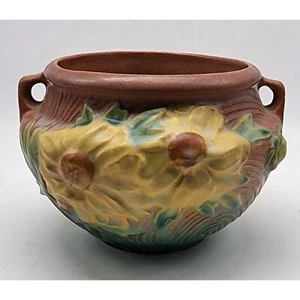 Vintage Roseville Pottery 661-4 Yellow Peony Jardiniere Double Handled Planter - Picture 1 of 7