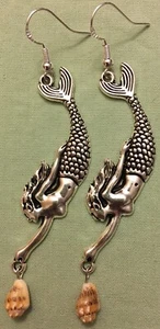 MERMAID with REAL SHELL DANGLE EARRINGS - Pewter with Sterling Silver Ear Wires - Picture 1 of 4