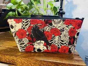 Handmade MakeUp, Cosmetic, Travel Bag. Skull, Rose, Black Crow. Lined & Zippered - Picture 1 of 2