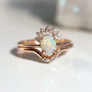 Anillo de diamantes con banda de ópalo de pera con banda de corona de oro rosa de 14 k conjunto de 2 anillos joyas - Imagen 1 de 2