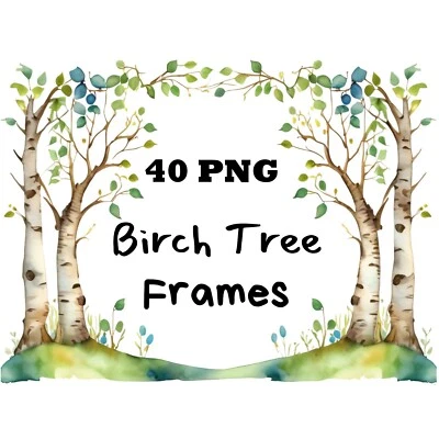 Watercolor Birch Tree Border Frames Clipart Birch Tree Borders Digital Download - Image 1 of 4