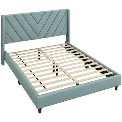 Queen Bed Frame Upholstered Platform Tufted Headboardwith Wing Side, Blue Lake - Image 1 of 4