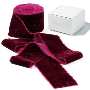 Burgundy Velvet Ribbon Hand Torn Maroon Frayed Edge for Bouquets 2"×3 Yards - Picture 1 of 9