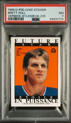 1988-89 O-Pee-Chee Sticker Brett Hull, Mario Lemieux #210, Pat Verbeek #81 PSA 7 - Image 1 of 3