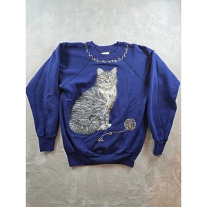 Sudadera vintage para mujer M Fit S azul J.E. Gráfico de gato e hilo Morgan *Leer - Imagen 1 de 14