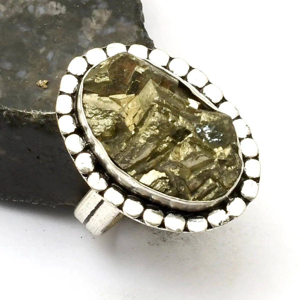 Joia anel feita à mão de pedra preciosa pirita Apache para presente tamanho EUA-9.5 AR 39303 - Imagem 1 de 1