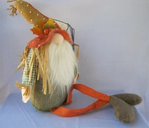 28" Handcrafted Fabric Halloween Fall Harvest Gnome Shelf Sitter with Rake - Picture 1 of 12