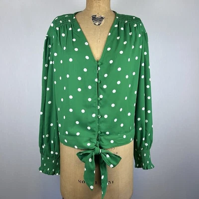 Blusa Broadway L Verde Blanco Lunares Manga Larga Corbata Frontal Abotonada Top Foto 1 de 4