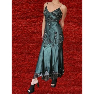 Vintage Adrianna Papell Blue Green Y2K Fairy Mermaid Maxi Silk Beaded Dress P10 - Picture 1 of 10