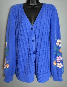 Talbots blau Zopfmuster Blumen bestickt Knopfleiste Cardigan Pullover Large - Bild 1 von 7
