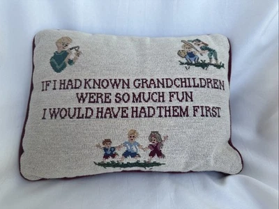 Embroidered Tapestry Throw Pillow For Grandma With Grandchildren 12” X 9” - Image 1 of 4