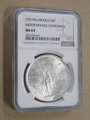 1921 Mo Mexico Silver 2 Two Peso Winged Victory Independence Centennial NGC MS63 - Image 1 of 4