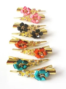 DESIGNER INSPIRED BLUE ORANGE BLACK PINK CRYSTAL FLORAL GOLD HAIR CLIP CLAW NEW - Picture 1 of 10