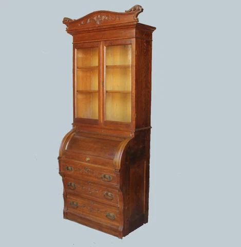 Antique Victorian Oak Cylinder Secretary Bookcase Cover
