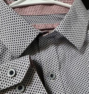 Johnston & Murphy Long Sleeve Button Pattern Dress Shirt Men L White Dark Blue