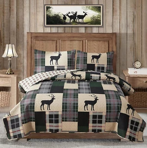 Lodge Quilt Set Full/Queen Size Plaid Patchwork Rustic Cabin Bedding Moose Deer - Picture 1 of 7