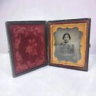 Antique Ambrotype 6th Plate Pretty Woman In Plaid In Case Red Velvet Sixth