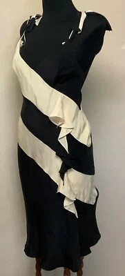 Vestido de diseñador Tufi Duek marfil y negro Art Deco 100 % seda sin mangas talla pequeña Foto 1 de 4