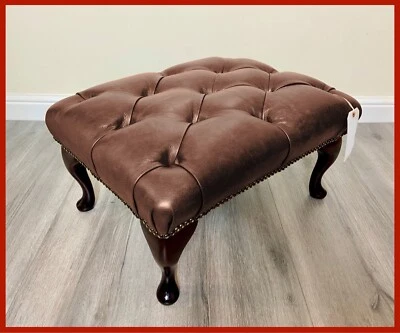 Chesterfield Queen Anne Button Brown Faux Leather Footstool - Image 1 of 4