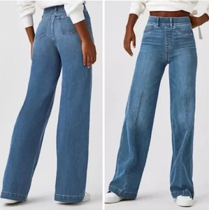 SPANX Seamed-Front Wide Leg Jeans Womens Size L Vintage Indigo Stretch Pull On - Picture 1 of 12