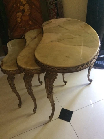 Antique Marble Brass Inlay Nesting 3-Piece End / Tea Tables Set Elegant Ornate Cover