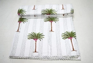 Indian Hand-Block Palm Tree Kantha Quilt Indian Cotton Bedspread Queen Size Boho - Picture 1 of 5
