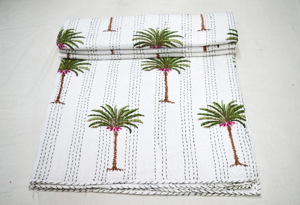 Colcha Kantha de palmera bloque de mano indio colcha de algodón indio tamaño queen boho Foto 1 de 4