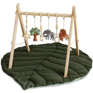 Razee Wooden Baby Play Gym Activity Mat, Leaf Shaped Mat Dark Green - Picture 1 of 7