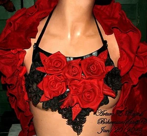 Artisan ARTURO E.REYNA ROMANTIC RED ROSES LACE BLACK LEATHER SIGNED BIB/NECKLACE - Bild 1 von 10