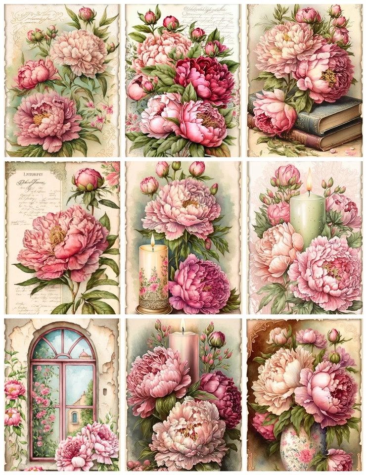 Juego de NUEVE 2.3x3 Acuarela Shabby Chic Jardín Peonías Algodón Paneles Foto 1 de 1