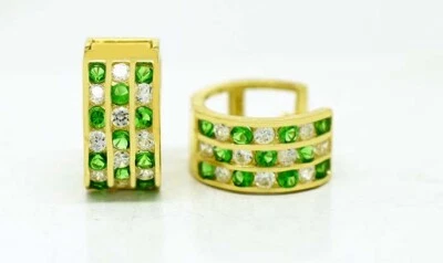 LAB CREATED EMERALD 1.74 Cts & WHITE SAPPHIRE HUGGIE EARRINGS 14K SOLID GOLD - Image 1 of 4