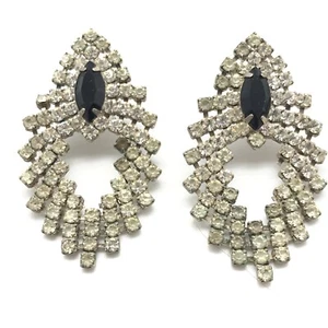 Vintage Large Oversized Clear Black Rhinestone Statement Runway Earrings - Picture 1 of 6