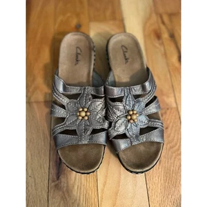 Clarks Lexi Myrtle Women's Pewter Leather Slides Size 8 - Picture 1 of 6