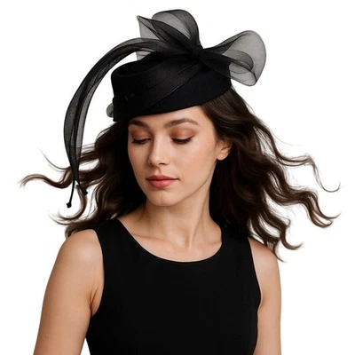 Sombrero para mujer 100 % lana sin marca con lazo de malla y detalles florales negro Foto 1 de 4