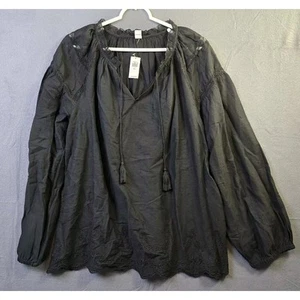 Old Navy Black Peasant Top Large Tall Textured Tassels Pullover Long Sleeve - Picture 1 of 7
