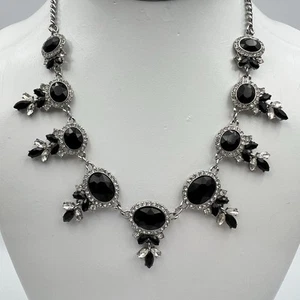 Black Crystal Necklace 20 Inch Squash Blossom Inspired Silver Tone All Glass - Picture 1 of 10
