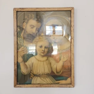 Cromolitografía vintage en marco dorado de San José, María y el Niño Jesús - Imagen 1 de 7