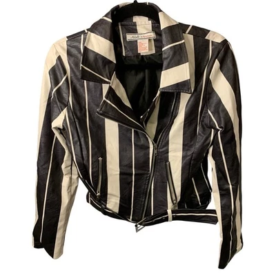 Flying Tomato A. Colin Black White Striped Faux Leather Moto Jacket Women's Sz L - Image 1 of 4
