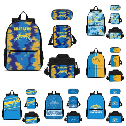 Los Angeles Chargers School Backpack 4PCS Shoulder Bag Lunch Bag Pencil Case Cover