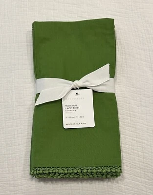 Set of 4 GREEN APPLE Pottery Barn MORGAN LACE TRIM ORGANIC COTTON NAPKIN 20 x 20 - Image 1 of 4