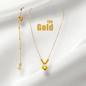 18K 'Solid 'Real 'Yellow 'Gold 'Heart Charm,Beads Chain,Link Womens,Jewelry Set. - Picture 1 of 4